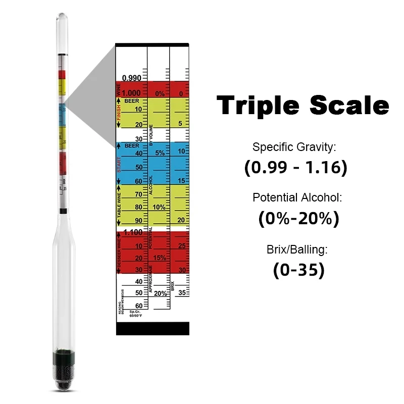 Hydrometer Tester 2Pcs/lot Triple Scale Hydrometer for Wine Beer Mead Kombucha Specific Gravity ABV Tester Measuring Tools
