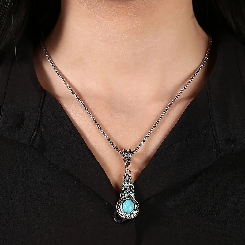 Vintage Synthetic Stone Tibetan Pendant Necklace Shellhard Trendy Link Chain Crystal Necklace For Women Fashion Jewelry Bijoux