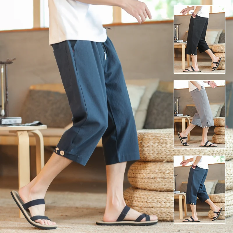 Pantalones cortos ajustados con cordón para hombre, Shorts elásticos con bolsillo y cordón, Bermudas de lino delgadas de 3/4 de longitud, de secado rápido, para playa