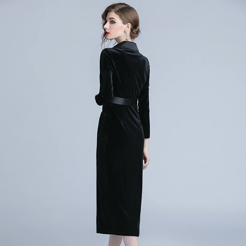 New Autumn Fashion Double-breasted Velvet Dress Women Winter Long Sleeve Blazer Collar Ladies Office Wear Bodycon Party Dress