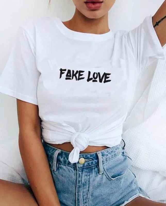 FAKE LOVE футболки женские летние корейские с буквенным принтом Harajuku повседневные