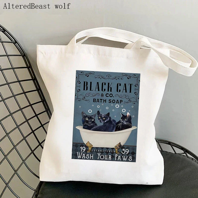 Women Shopper bag Black Cat Toilet Paper Roll With It Bag Harajuku Shopping Canvas Shopper girl handbag Tote Shoulder Lady Bag
