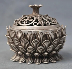 

free shipping<<< 4'' China Silver Bronze censer Carved lotus Bronze Statue