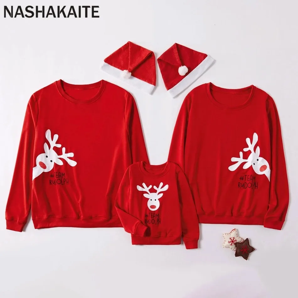 NASHAKAITE/свитшоты для всей семьи; пуловер с принтом оленя и надписью; Рождественские толстовки; одинаковые топы для всей семьи для женщин, мужчин и детей