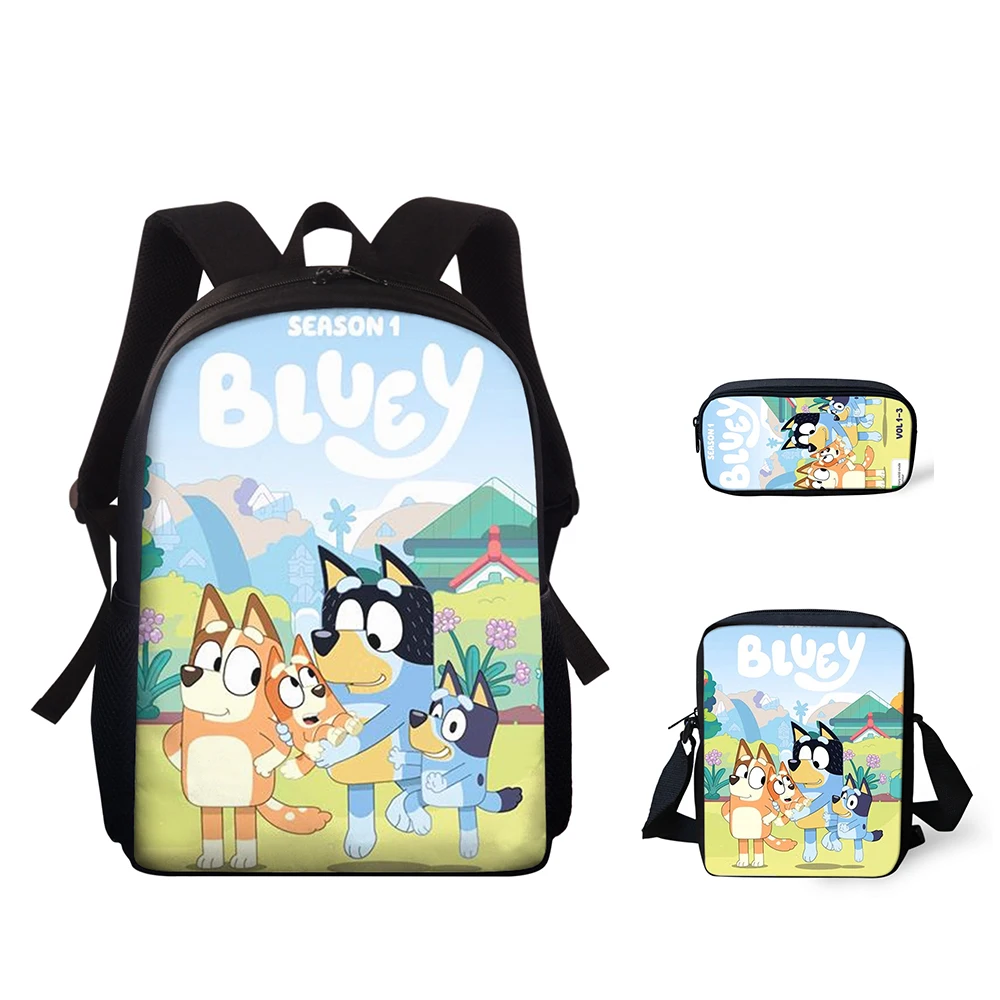 

Fashion Primary Kids 15-inch Backpack Set Bluey Pattern Students Book Bags Kawaii Anime Design 3PCs School Book Bag Set