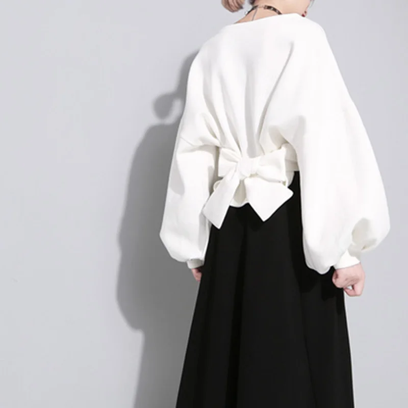 

Hot Selling 2019 Autumn Hoodies for Women Long Lantern Sleeves Pullovers O-neck Designer Two Ways Wear Sashes Bow Sweatshirts