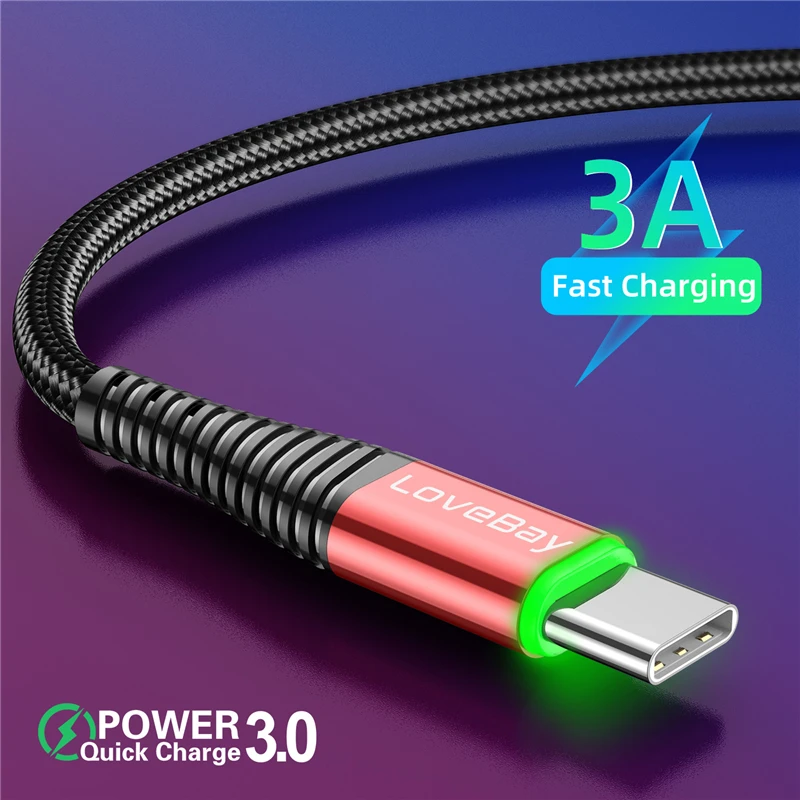 USB-кабель Lovebay со светодиодной подсветкой и портом Type-C кабель Micro USB QC3.0 для зарядки