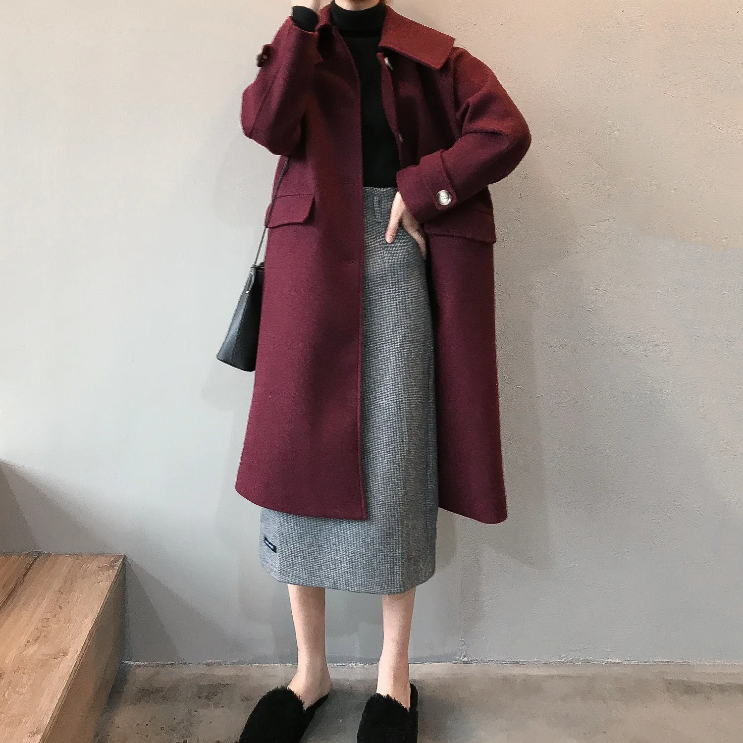 Винтажное шерстяное длинное пальто с широкими лацканами и длинным рукавом, зимнее женское пальто на одной пуговице, Женское пальто Casaco Feminino
