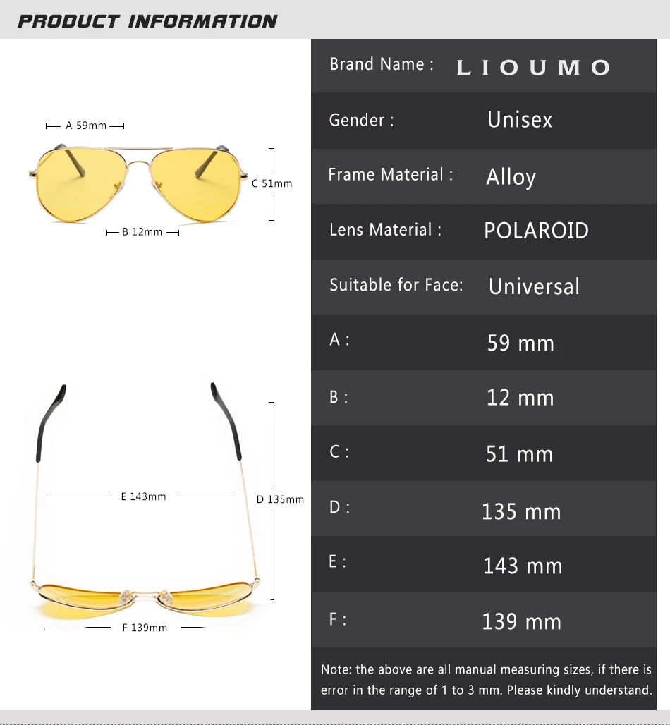 LIOUMO Modische Luftfahrt-Sonnenbrille für Damen, polarisierte Brille für Herren, Tag- und Nachtsicht-Fahrbrille, gelbe Anti-Glare-Brille, oculos sol – Detail 11