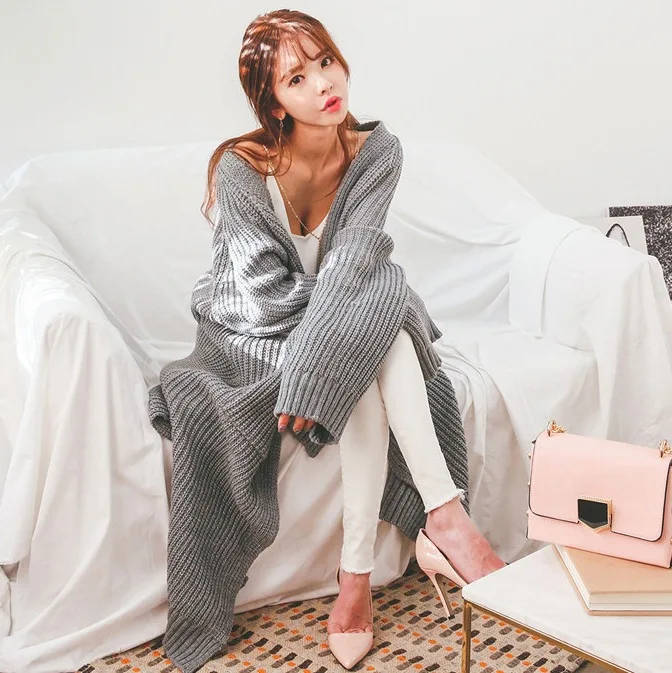 ^Cheap Autumn And Winter New Style Lazy Wind Exta-long over-the-Knee Sweater Coat Women's Thick Sweater Cardigan Loose-Fit Sweater Fash
