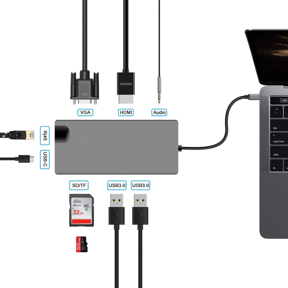 USB C концентратор USB3.0 HDMI VGA RJ45 Gigabit Ethernet SD/TF порт конвертер 8 в 1 и высококачественный