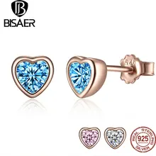 Серьги в форме сердца BISAER, 925 пробы, серебро, синий, сердце, камень, любовь, серьги-гвоздики для женщин, день рождения, юбилей, роскошный подарок, GOS452