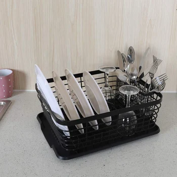 

New-Kitchen Dish Drainer Drying Rack with Drip Tray and Storage Basket Kitchen Sink Organizer Shelf Sink Drying Rack Black