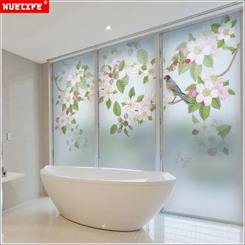 

Custom size Begonia flowers and birds pattern non-static glass film office stickers balcony bathroom frosted window stickers