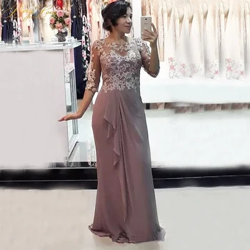 

Elegant Half Sleeves Mother Of The Bride Dress 2020 With Lace Applique Ruched Chiffon Elegant Evening Formal Dress