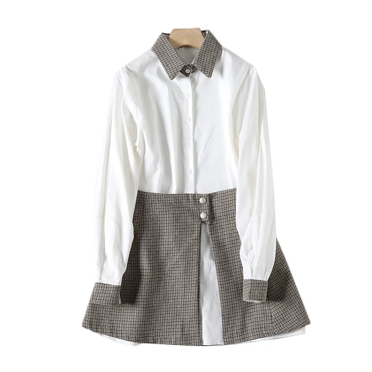 

One's Contrast Color Pattern Collar Shirt A- line Skirt Set Entity