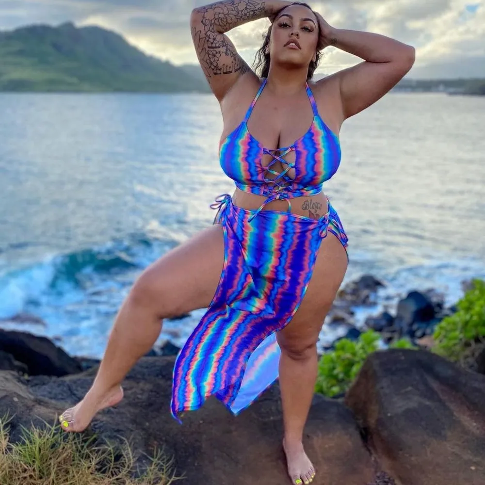 2 Piece Set Of Women Sexy Plus Size Bikini Set Sleeveless Suspender Bra Top + Semi-Concealed Mid-Size Skirt Beach Vacation Blue