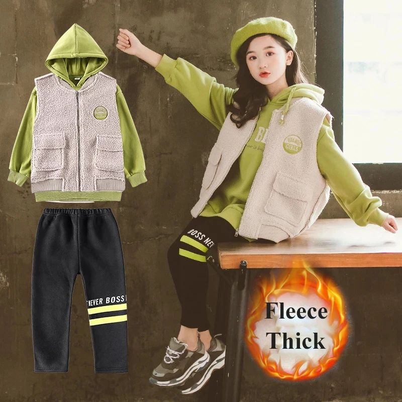 

Winter Suit for Children Clothing Fleece Hoodies Vest Leggings 3 Pcs Girls Set Teens Sports Suit Kids Costumes 6 8 10 12 Years