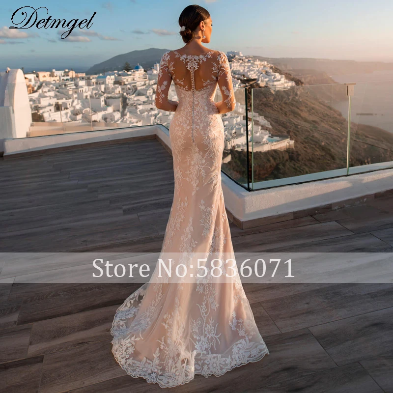 Detmgel Romantic Scoop Neck Long Sleeve Mermaid Wedding Dresses New Gorgeous Appliques Detachable Train Princess Wedding Gown