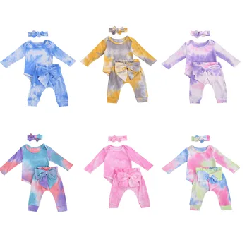 

3PCS Newborn Baby Girls Clothes Set Tie Dye Pattern Long Sleeve Knitted Romper+Casual Pants+Headband Infant Clothing Outfits