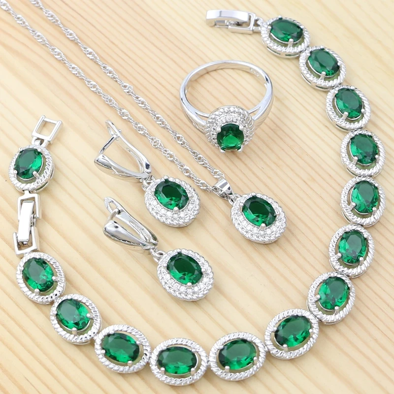 925 Sterling Silver Jewelry Sets For Women Green Cubic Zirconia Ring
