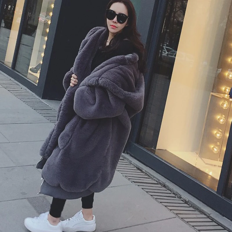 Толстая длинная куртка с капюшоном для девушек Harajuku однотонное повседневное пальто из искусственного меха модное женское Свободное длинное пальто женские зимние пальто