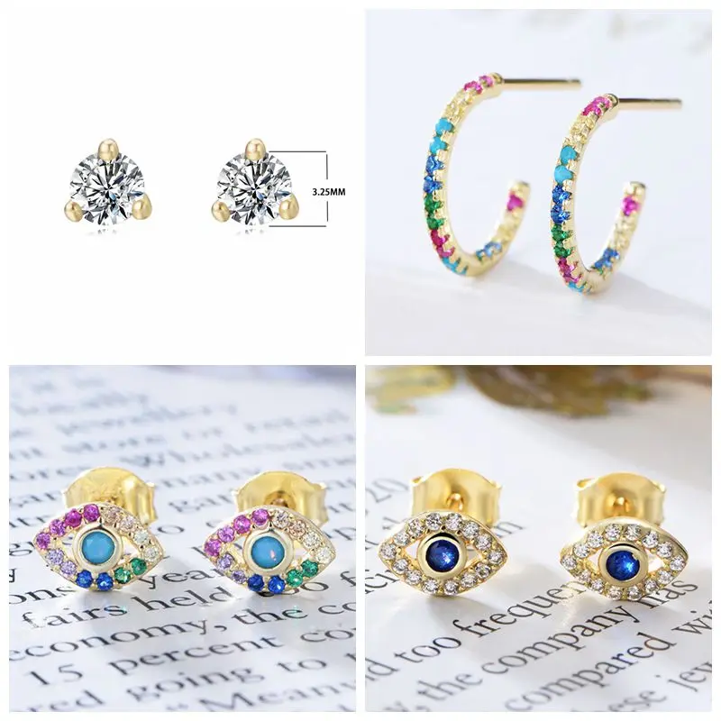 Valentine Day 925 Sterling Silver Earrings rainbow CZ Devil's Eye Stud Earrings For Women Silver Jewelry Brincos gift A30