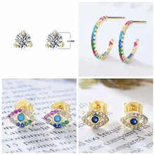 Valentine Day 925 Sterling Silver Earrings rainbow CZ Devil's Eye Stud Earrings For Women Silver Jewelry Brincos gift A30