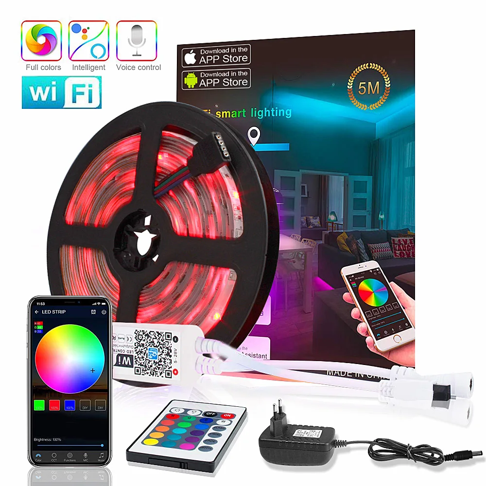 #cheap Ribbon RGB Tape LED Strip WIFI 2835 5M 220V Tira LED 12V Waterproof Neon Strip Light with 24Keys Remote Controller Power Adapter