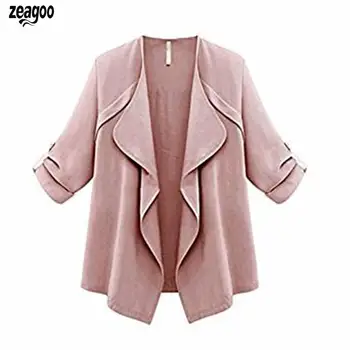 

Women Casual Turn-down Collar Roll-up Cuffed Open Stitch Sleeve Solid Cardigan Spring, Autumn Coat Regular