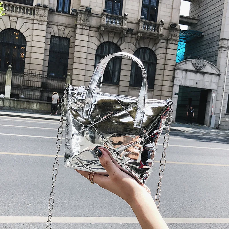 

Transparent Laser Bag 2018 Korean-style Contrast Color Chain Gel Bag Large Capacity Hand Crossbody Bag Shopping Bag