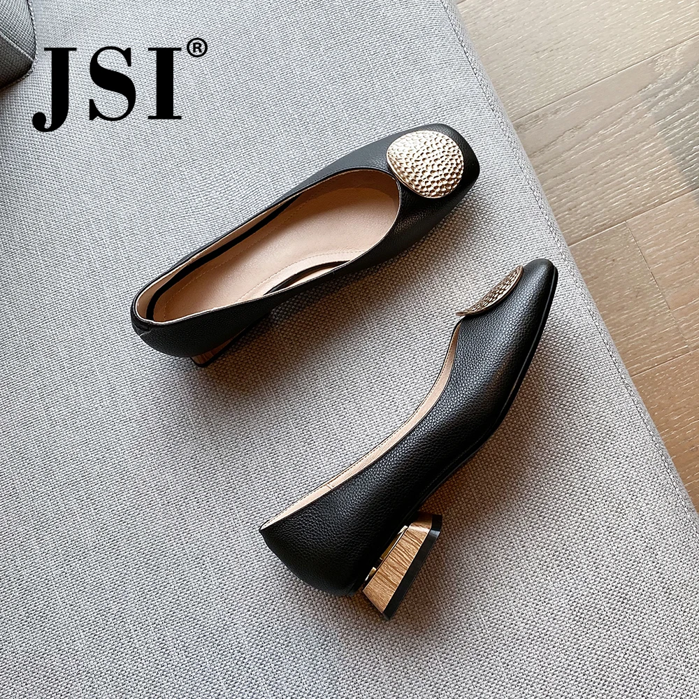 

JSI Fashion Women Flats Elegant Metal Decoration Slip-On Office Solid Square Toe Stylish Shoes Cow Leather Shallow Flats JO430