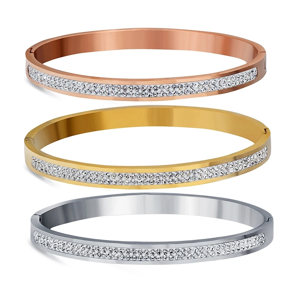 Bangles Bracelets Rhinestone-Pave Stainless-Steel Crystal Fashion Jewelry Women for Two-Row