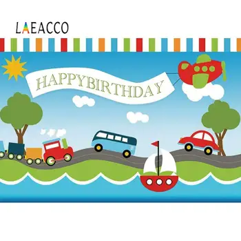 

Laeacco Happy Birthday Cartoon Bus Car Plane Baby Shower Photo Backgrounds Customized Photographic Backgrounds For Photo Studio
