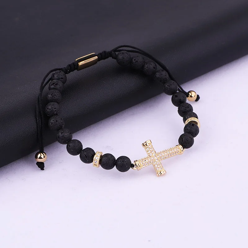 Fashion New Design Women Bracelet CZ Pave Cross Charm Natural Stone Braided Beads Bracelet Women Lady - Image 4