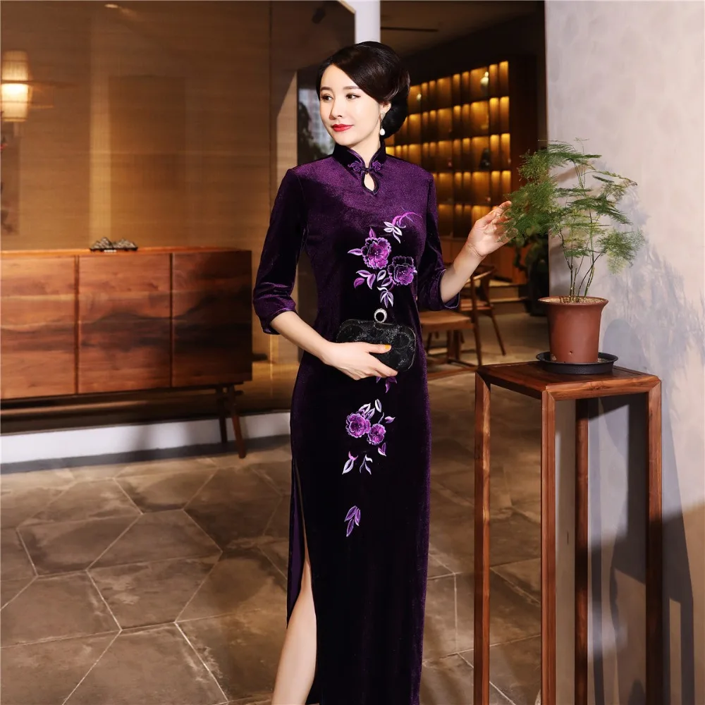 Шанхай история бархат Cheongsam китайское платье вышивка Qipao длинное