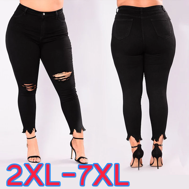 

Plus Size Jeans for Women Lace Hem Design Fashion Large Size Pants Denim Pants Skinny Ripped Trousers women 7XL
