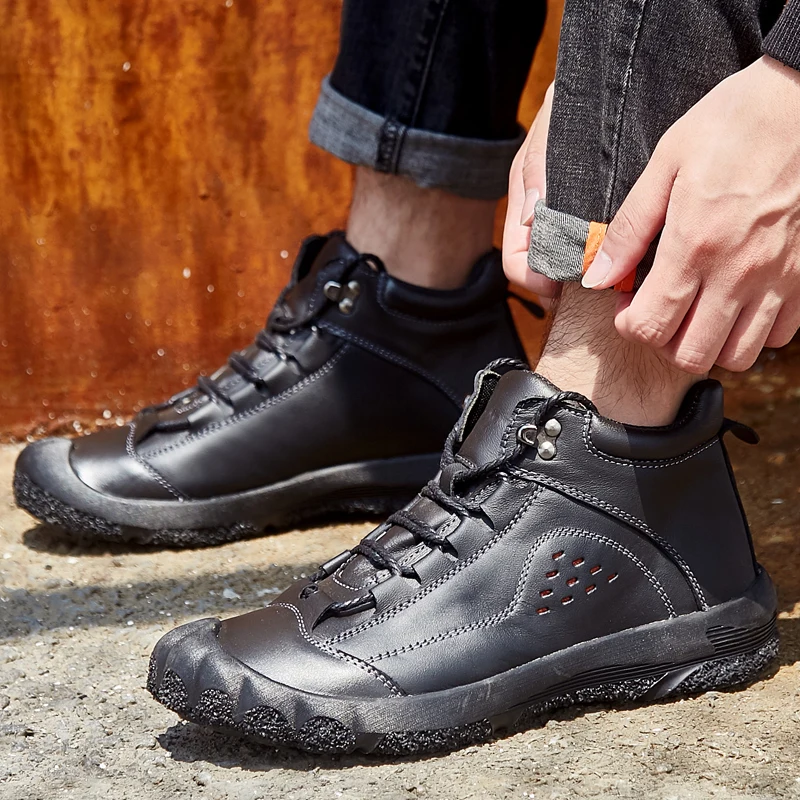 Men Genuine Leather Hiking Shoes Mountain Climbing Boots Winter Hunting Shoes Waterproof Plus Size 48 Ankle Plush Boots For Men