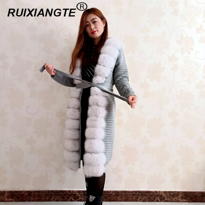 Женское вязаное пальто из натурального меха RuiXiangTe длинная теплая шуба Лисьего с