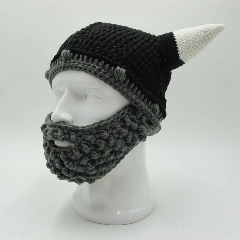 Men's Vikings Helmet Hat Horn Beard Handmade Knit Winter Cap Warm Beanie Halloween Gift Vicking Party