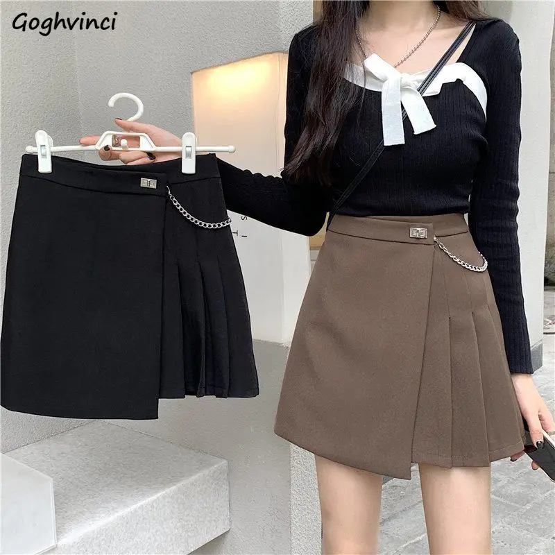 

Pleated Skirts Women Stylish Ins Black Chain Design High Waist Bottom All-match Fall Spring Basic Schoolgirl Clothes Faldas Mini