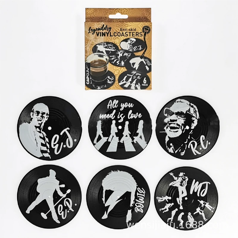 6pcs Anti-slip Retro Cup Mat Vinyl Record Coasters Music Drink Holder Mug Table Placemat Heat-resistant Non Slip ROCKABILLY