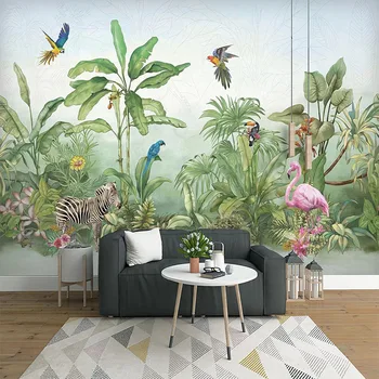

Custom Mural Wall Paper 3D Hand Painted Tropical Rainforest Plants Leaf Flowers And Birds Animal Wallpapers Living Room TV Mural