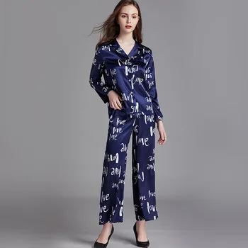 

Women Blue Print Pajamas Set Satin Long Sleeve 2PCS Sleepwear Casual Silky Nightwear Shirt&Pants 2020 New Home Clothes