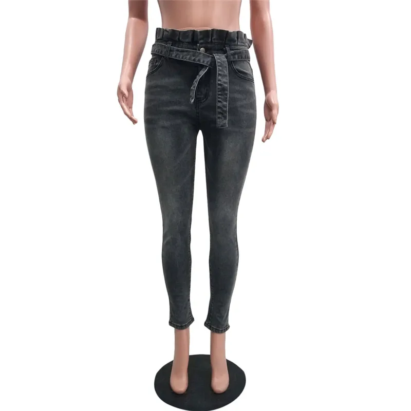 Tsuretobe, обтягивающие джинсы с высокой талией, женские осенние бандажные джинсы с поясом, джинсовые брюки-карандаш, повседневные узкие серые джинсы, облегающие Женские Брюки