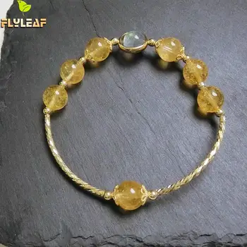 

Flyleaf 14k Gold 100% Natural Stone Citrine Bead Bracelets & Bangles Real 925 Sterling Silver Bracelets For Women Fine Jewelry