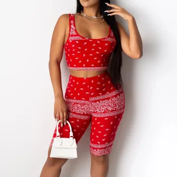 

Women Tracksuit Two Pieces Set Cashew Short Sleeve Top Short Pants 2 Pieces Set Outfits Skinny Elastic Outdoor strapless Wear#5