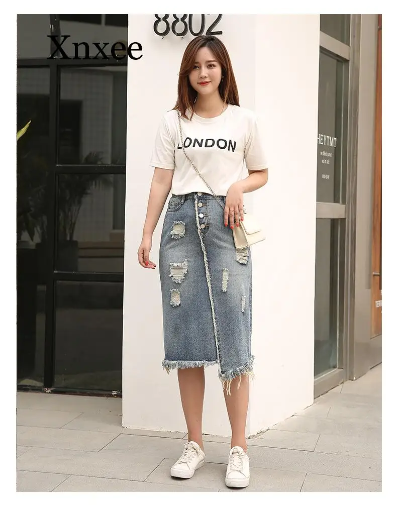 coreano gordura mm buraco rasgado midi denim