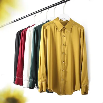 

Shirt Women 23mm Heavy Silk Stretch Double Joe White Shirt Spring 2020 Fashion Contrast Color Red Black Long Sleeve Shirt Solid