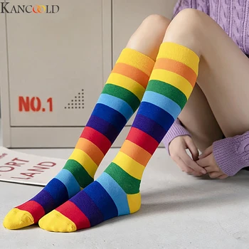

KANCOOLD Women Socks Ladies Trend Creative Cotton Rainbow Knee Fashion Candy Color Striped College Wind Heap Socks Fashion